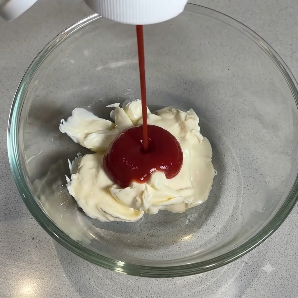 Un filet de ketchup rouge versé dans une cuillerée blanche de mayonnaise à lintérieur dun bol en verre transparent.