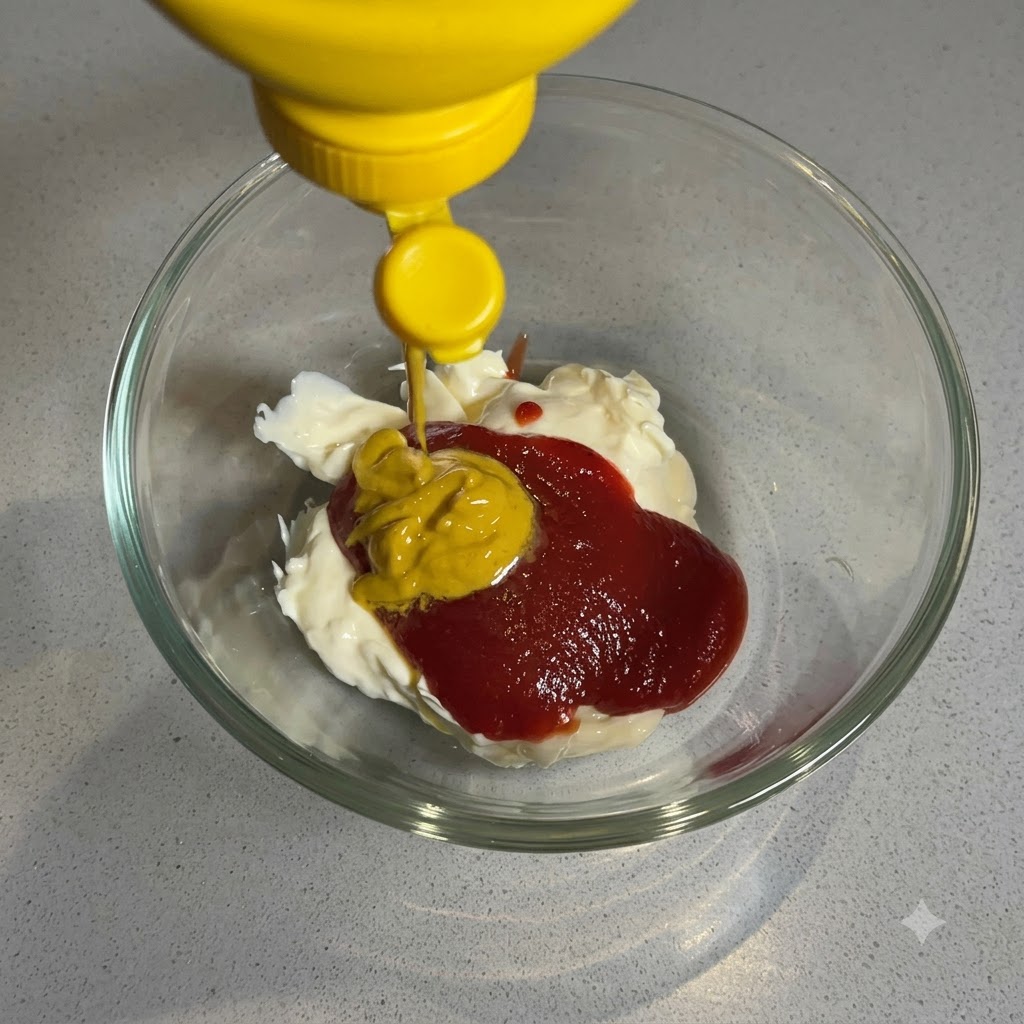 De la moutarde jaune pressée dune bouteille sur le ketchup rouge et la mayonnaise blanche dans un bol en verre.