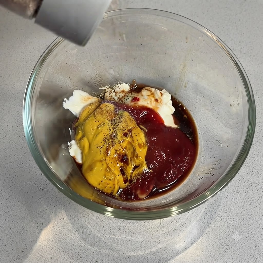 Du poivre noir moulu secoué dun récipient sur les ingrédients de la sauce en couches dans un bol en verre.