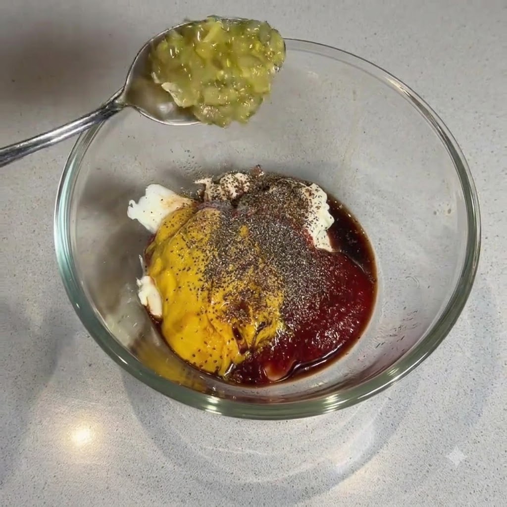 Une cuillerée de relish de cornichons vert tenue au-dessus du bol en verre rempli de la base de sauce et des épices.