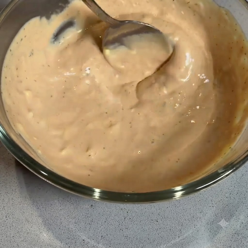 Une cuillère remuant une sauce burger crémeuse orange clair à lintérieur dun bol en verre transparent.