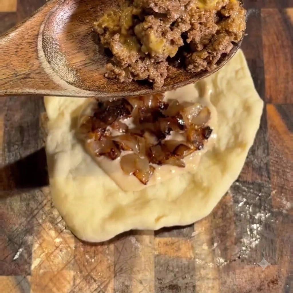 Du bœuf haché cuit ajouté avec une cuillère en bois sur les oignons et la sauce.