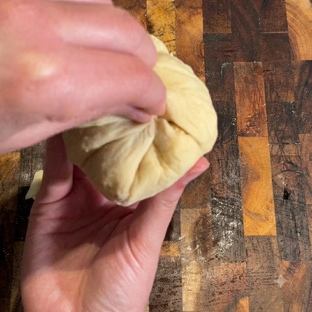 Des mains rassemblant et pinçant les bords de la pâte pour sceller la bombe de cheeseburger.