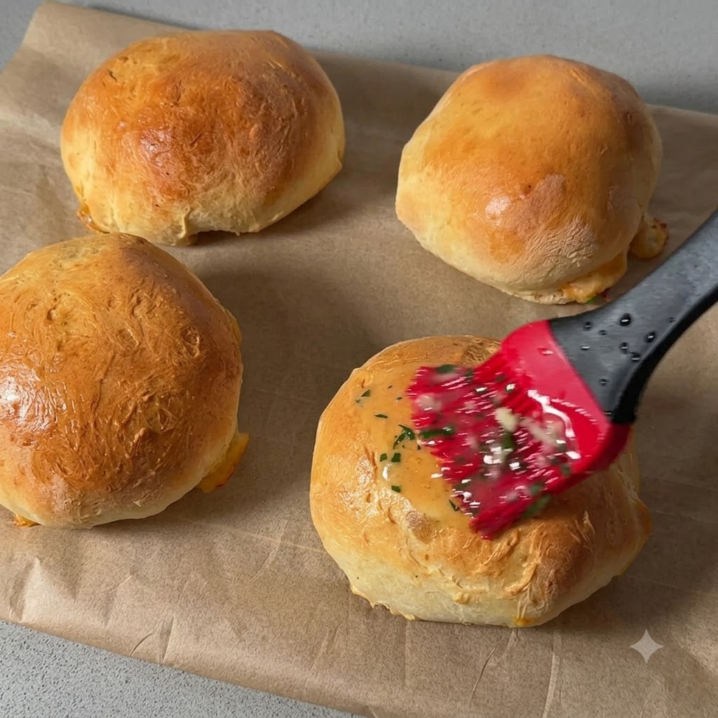 Un pinceau en silicone rouge étalant du beurre à lail fondu et des herbes uniformément sur le dessus dun petit pain doré cuit au four.