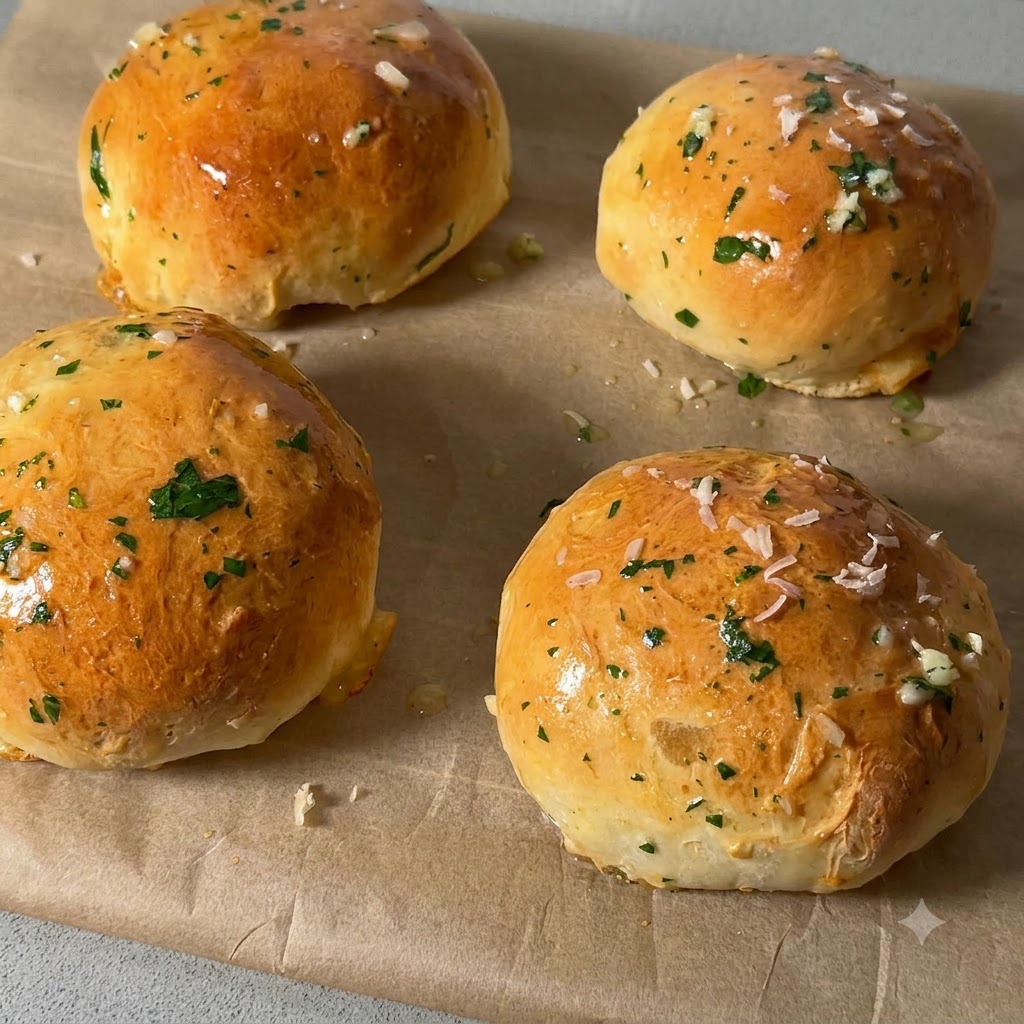 Des flocons de fromage parmesan fraîchement râpé et des herbes vertes finement hachées dispersés sur le dessus de petits pains dorés glacés.