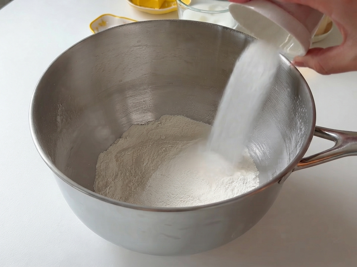 Ingrédients secs et humides versés dans un grand bol mélangeur en métal.