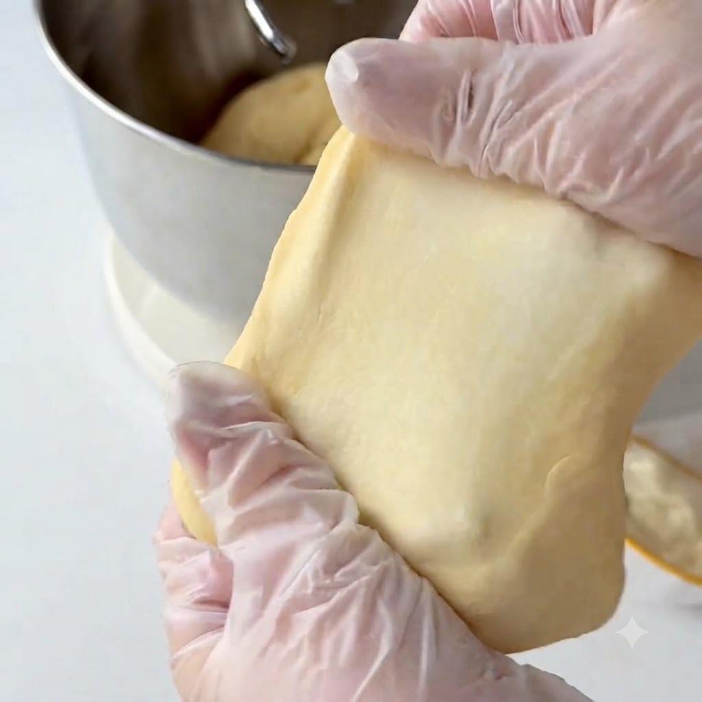 Mains gantées étirant un morceau de pâte jaunâtre pour tester le développement du gluten.