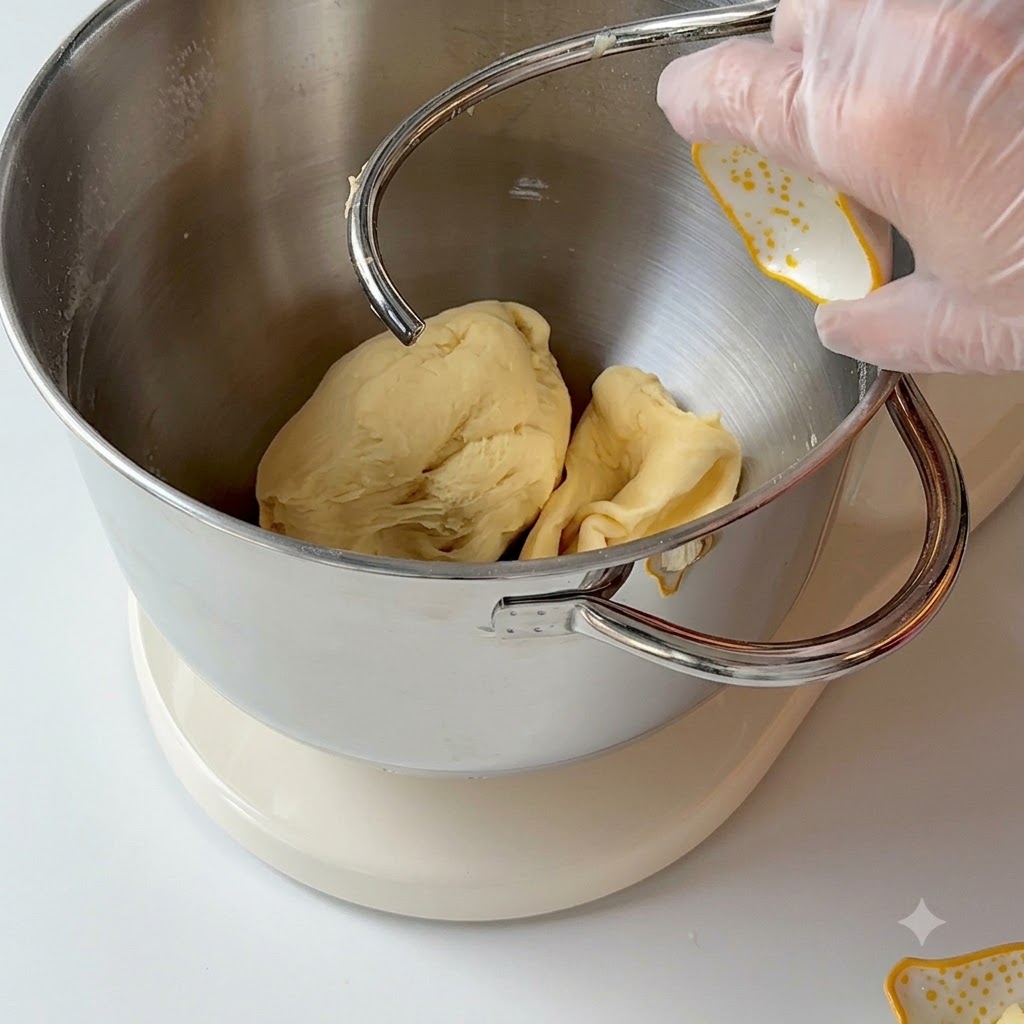 Beurre ramolli et fromage frais ajoutés dans le bol du mixeur avec la pâte.