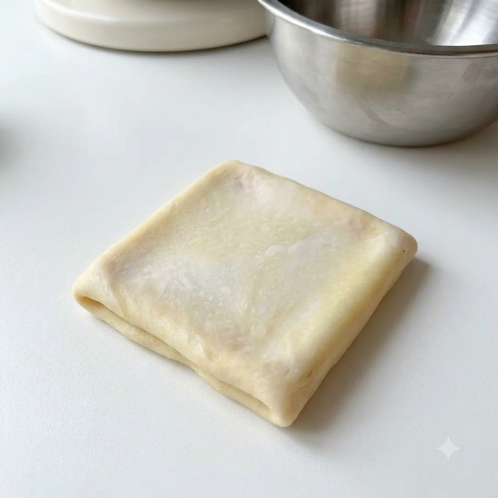 Un morceau de pâte lisse plié en carré reposant sur une surface blanche à côté dun bol en métal.