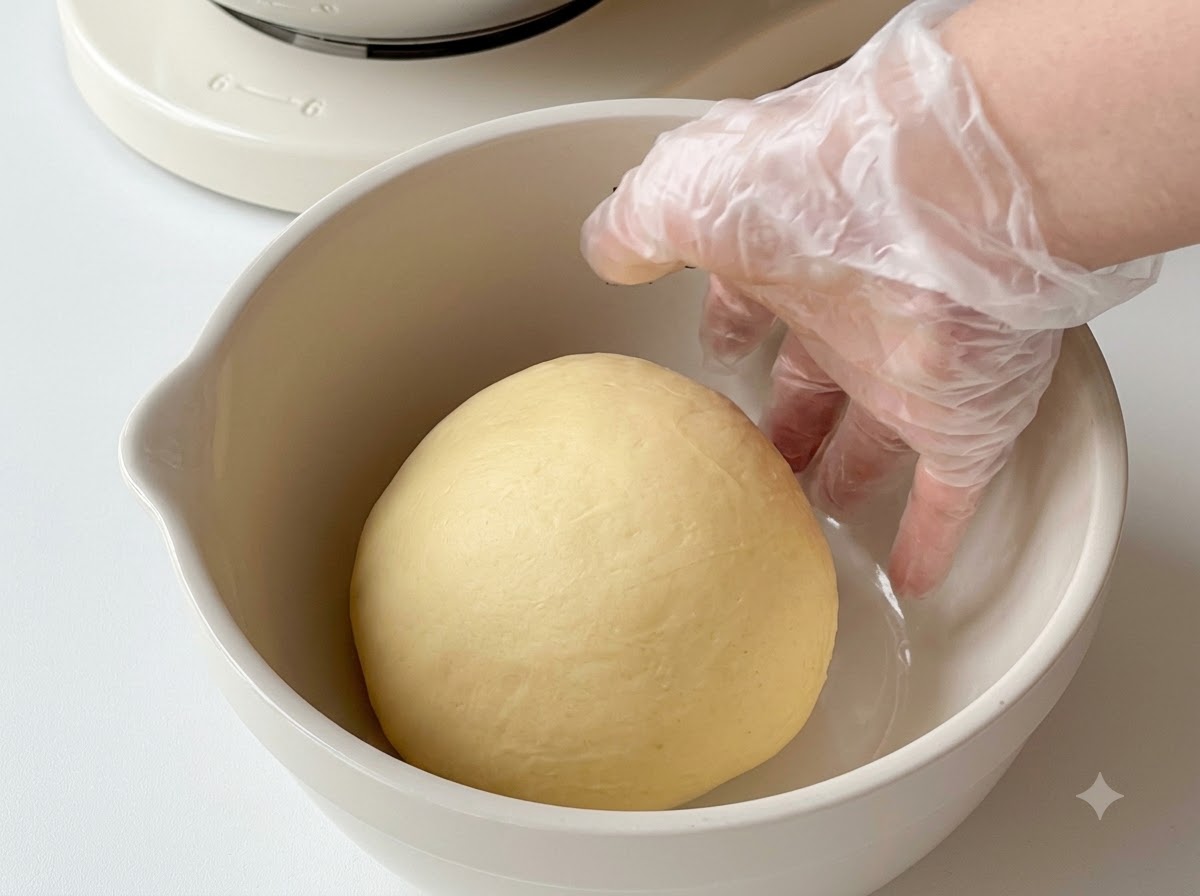 Une main gantée façonnant une boule de pâte lisse et ronde à lintérieur dun bol mélangeur.