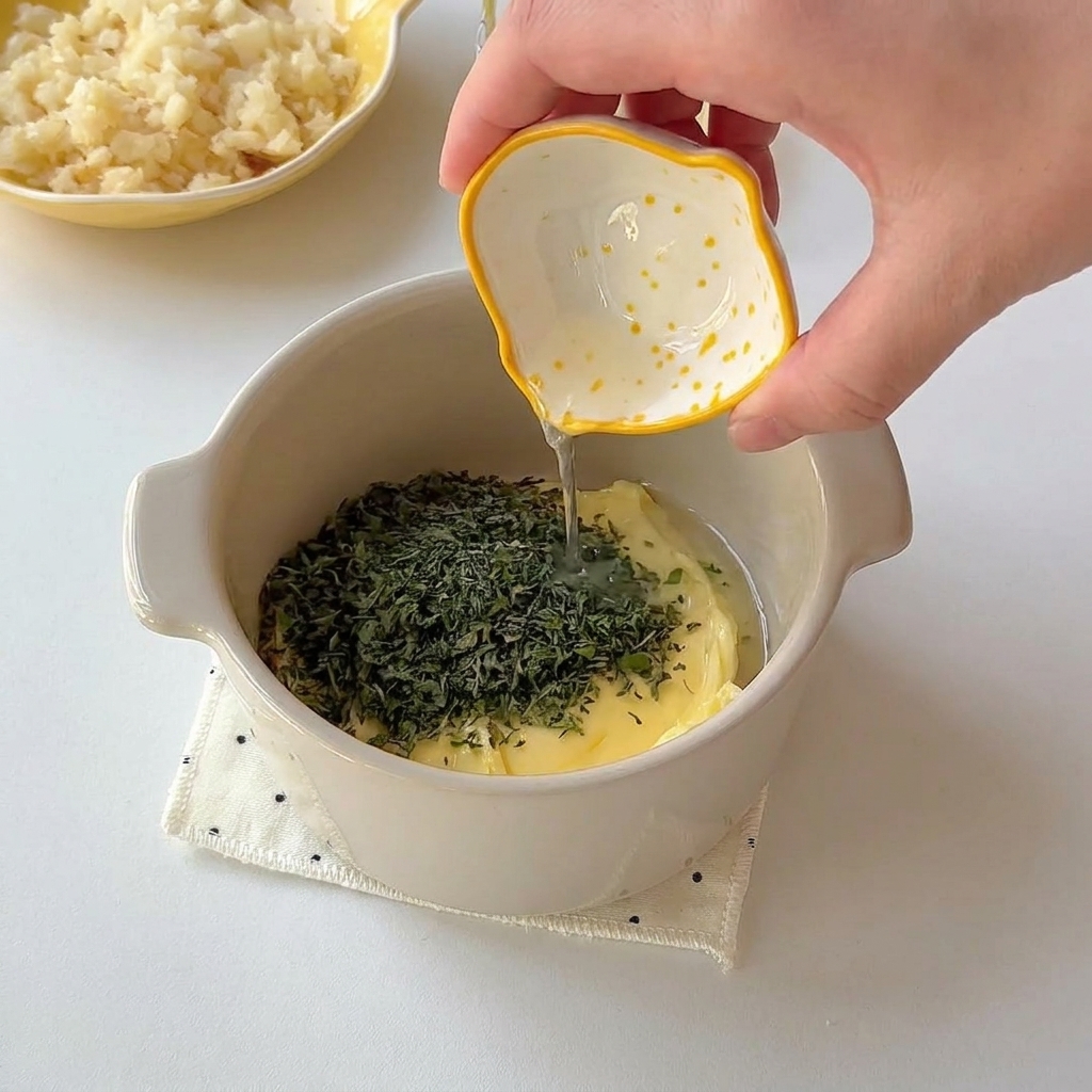 Un petit récipient contenant du beurre ramolli et du persil haché, avec un petit bol versant du jus de citron par-dessus.