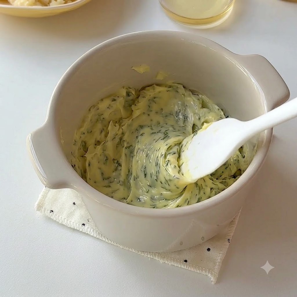 Miel et ail émincé incorporés en remuant dans le mélange de beurre et de persil dans un bol en céramique.