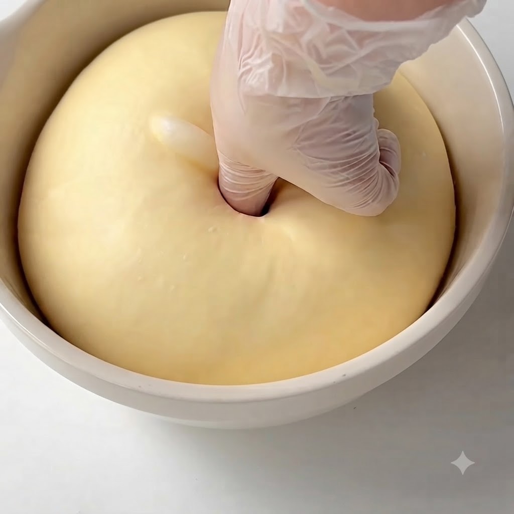 Un doigt ganté pressant le centre dune grande boule de pâte fermentée bien ronde dans un bol mélangeur.