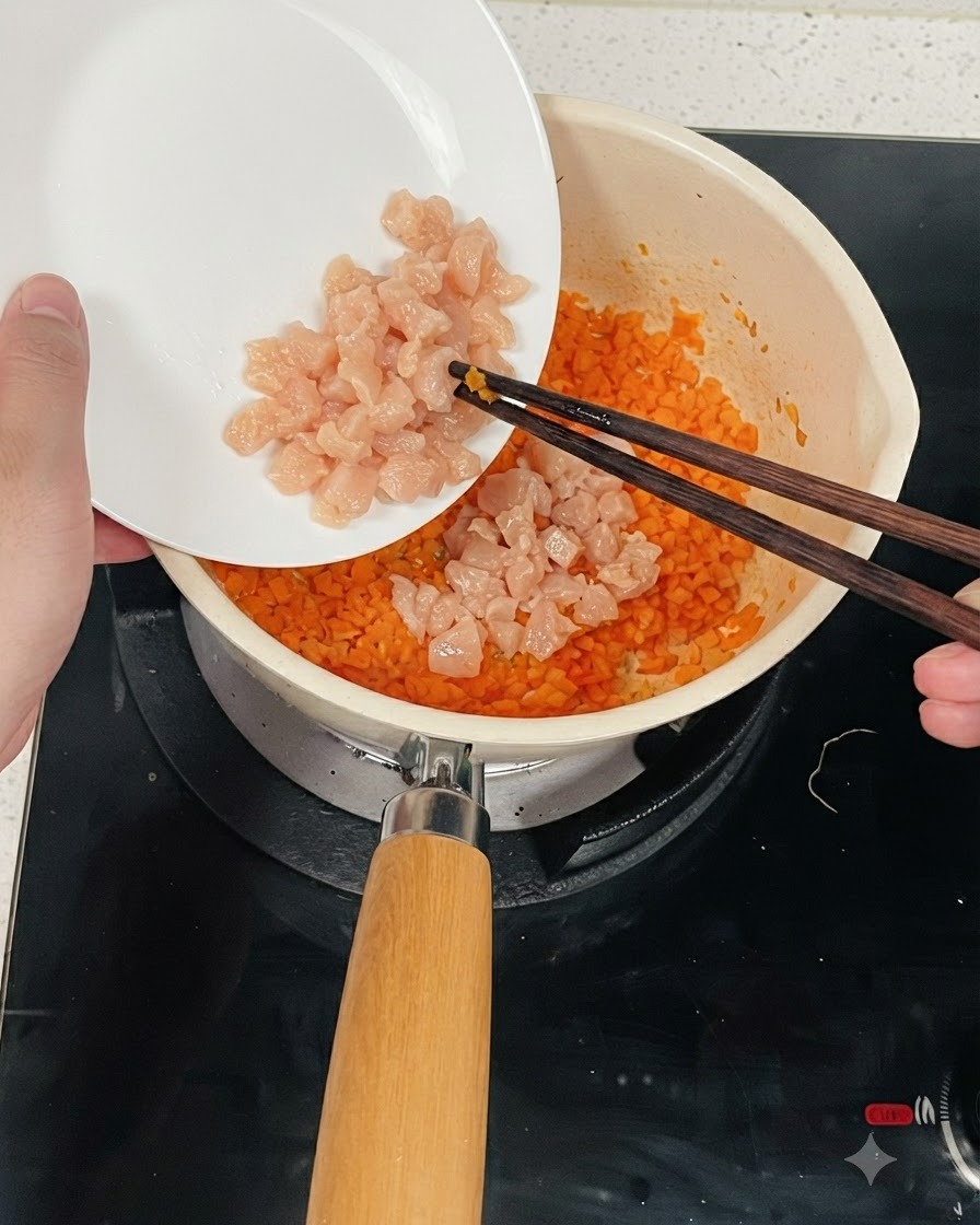 Hachis de poulet mariné versé dune assiette blanche dans une casserole de carottes hachées à laide de baguettes.