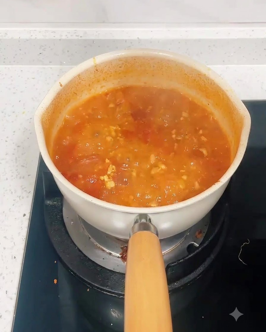 Nouilles de spaghetti sèches submergées dans une casserole de sauce rouge à la viande frémissante.