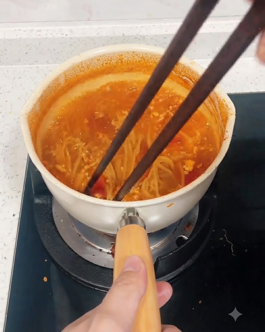 Une paire de baguettes sombres mélangeant les nouilles de spaghetti dans une casserole de sauce rouge frémissante.
