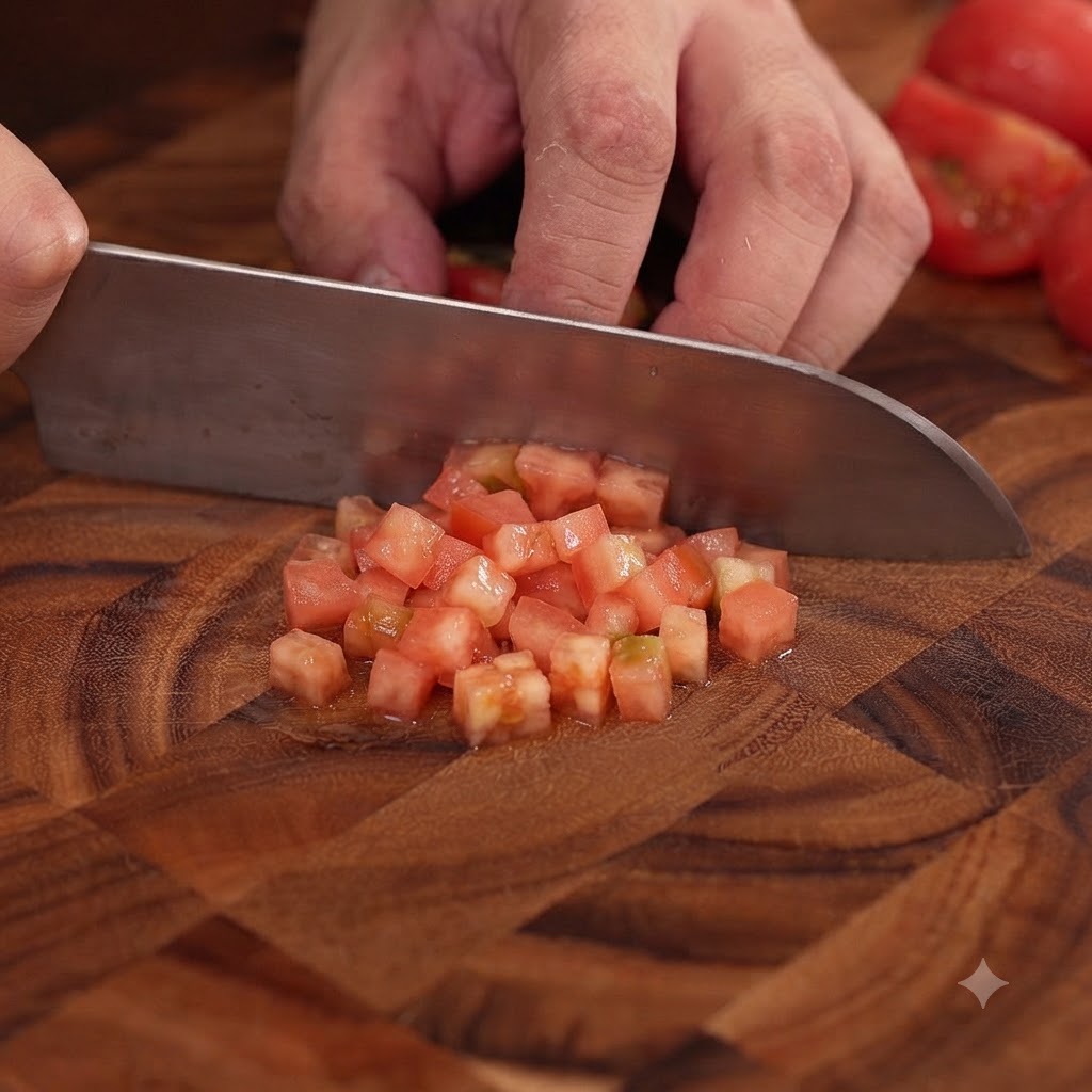 Des tomates fraîches pelées coupées en petits cubes avec un grand couteau sur une planche en bois.