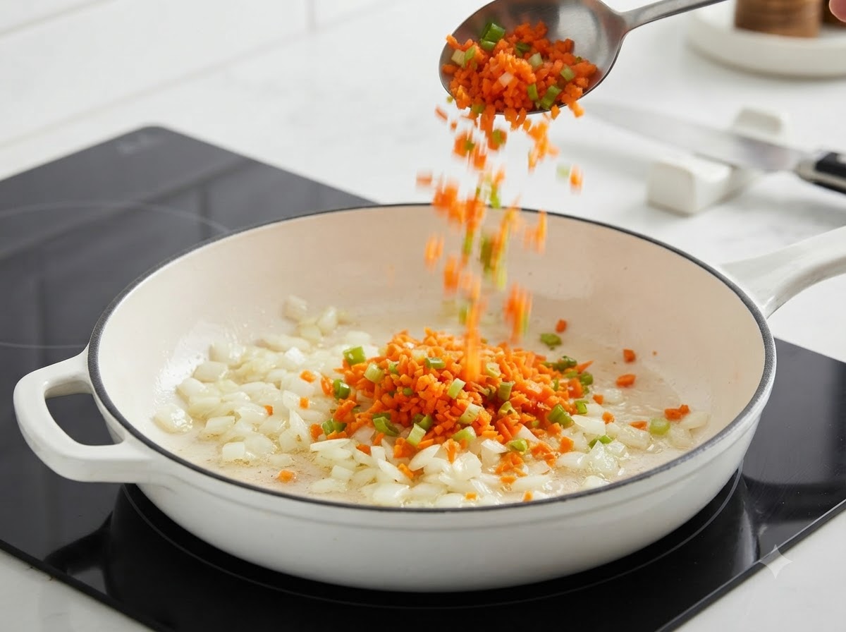 Des carottes et du céleri finement coupés en dés versés dune cuillère dans une poêle avec des oignons sautés.