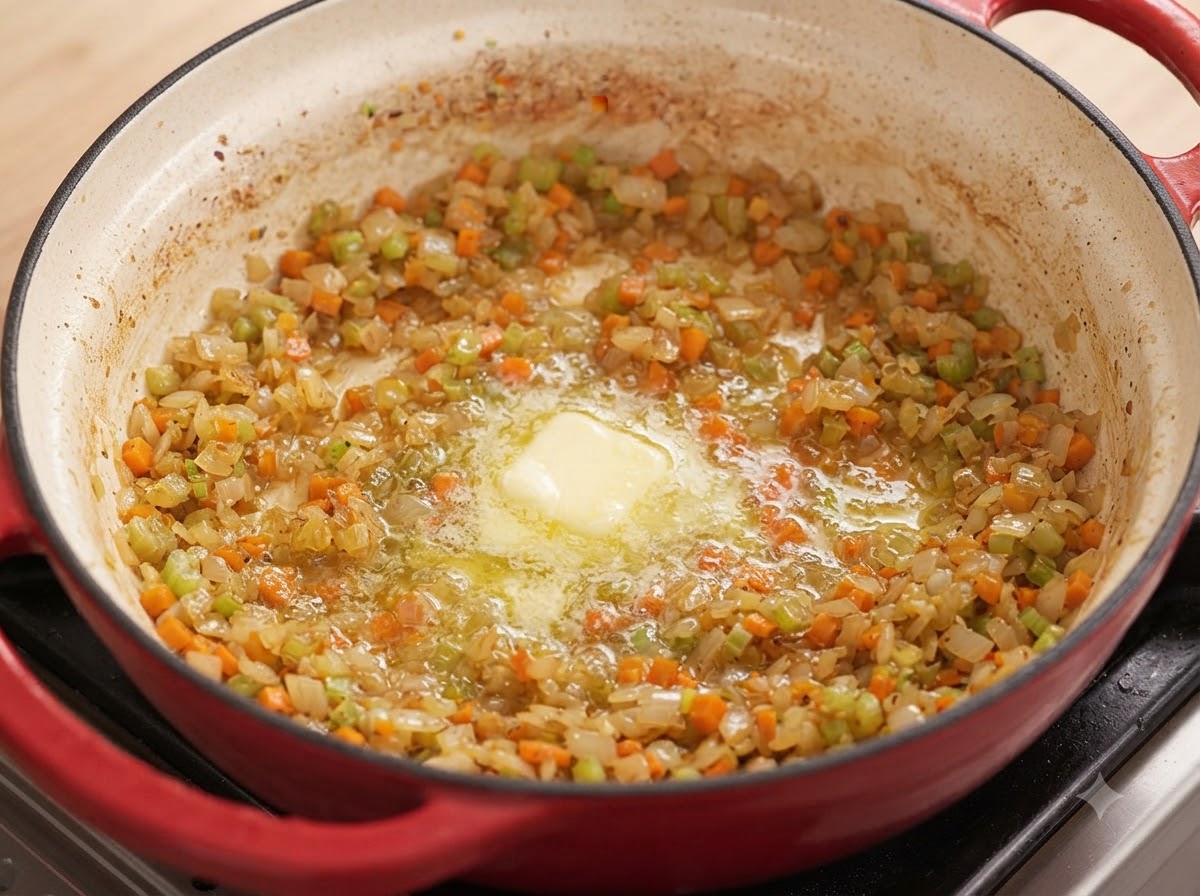 Une noisette de beurre fondant au centre dune poêle remplie de légumes coupés en dés sautés.