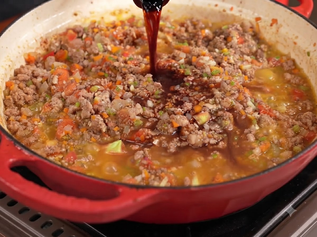 Du vin rouge versé dune bouteille dans une grande casserole rouge remplie du mélange de viande et de légumes.