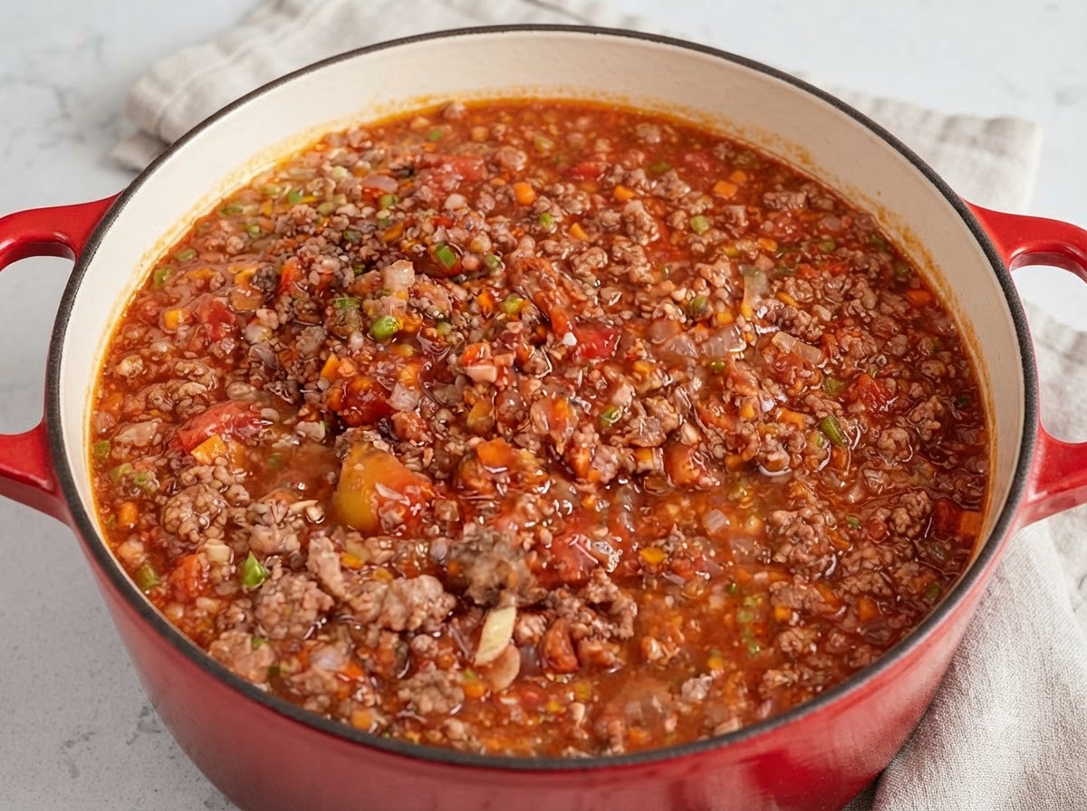 Une grande casserole remplie de sauce bolognaise italienne mijotant et bouillonnant doucement.