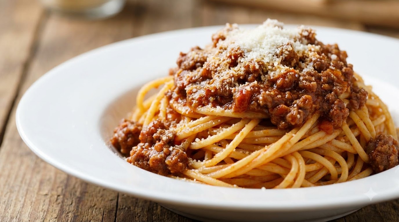 Une assiette de spaghettis surmontée dune riche et épaisse sauce bolognaise italienne avec du fromage râpé
