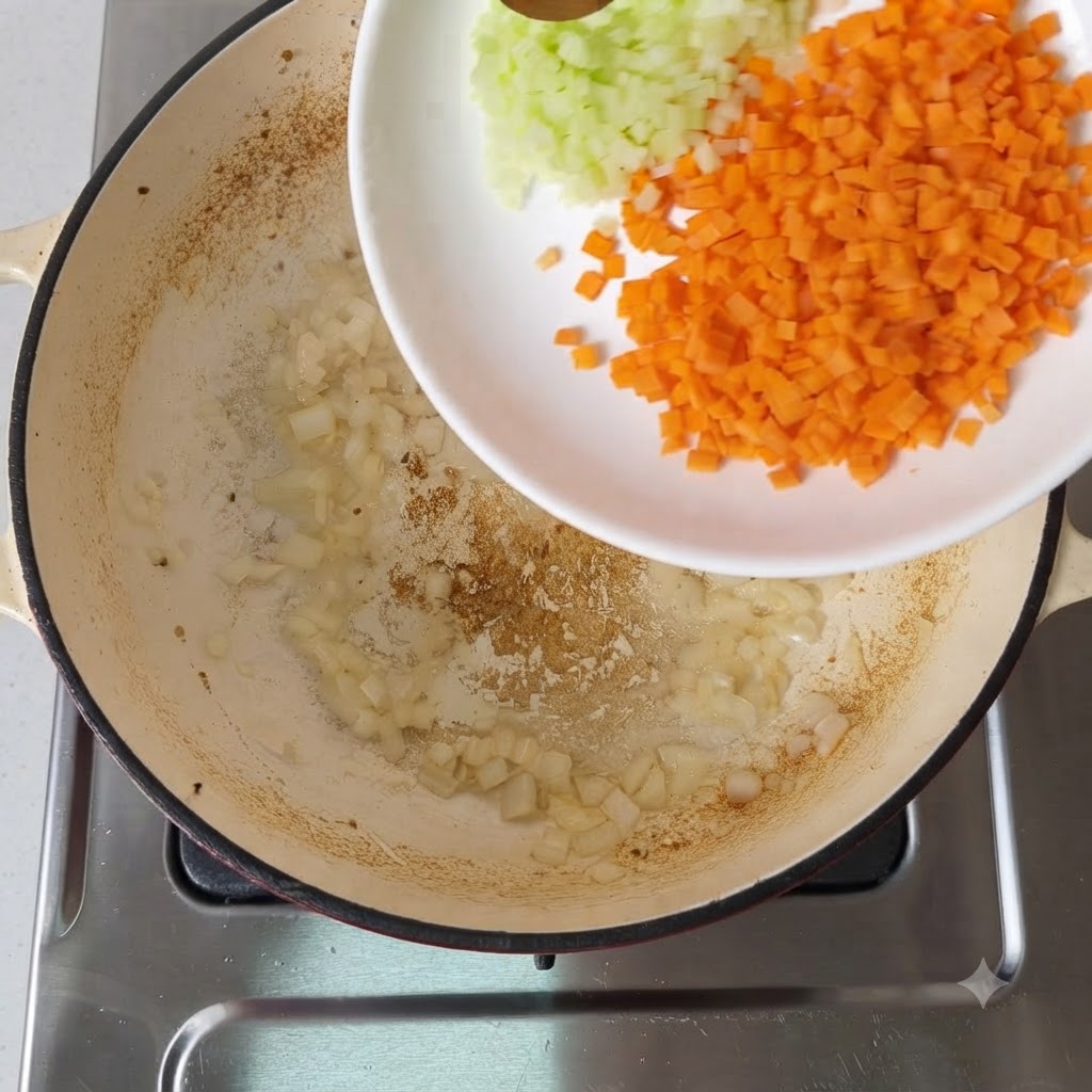Carottes et céleri en dés versés dans la poêle avec les oignons.