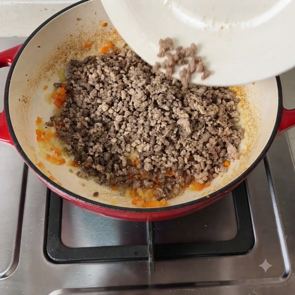 Divers assaisonnements et tomates concassées ajoutés au mélange de viande et de légumes.