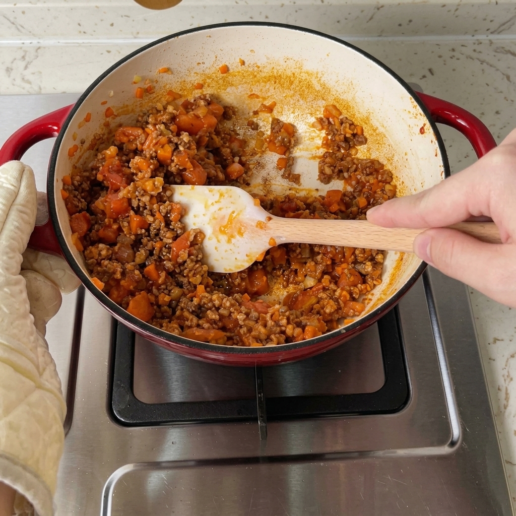 Vin rouge sec et eau bouillante mélangés dans la sauce à la viande frémissante.