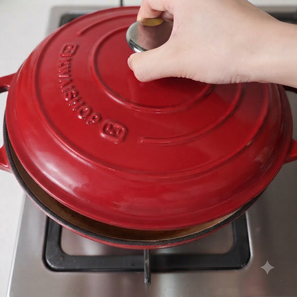 Une cocotte en fonte rouge avec son couvercle entrouvert, mijotant sur une cuisinière.