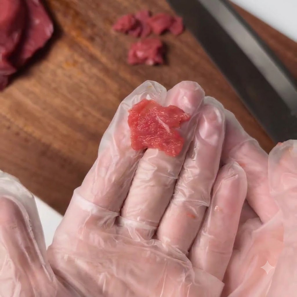 Fines tranches de filet de bœuf rouge cru tenues dans une main gantée au-dessus dune planche à découper en bois avec un couteau à proximité.