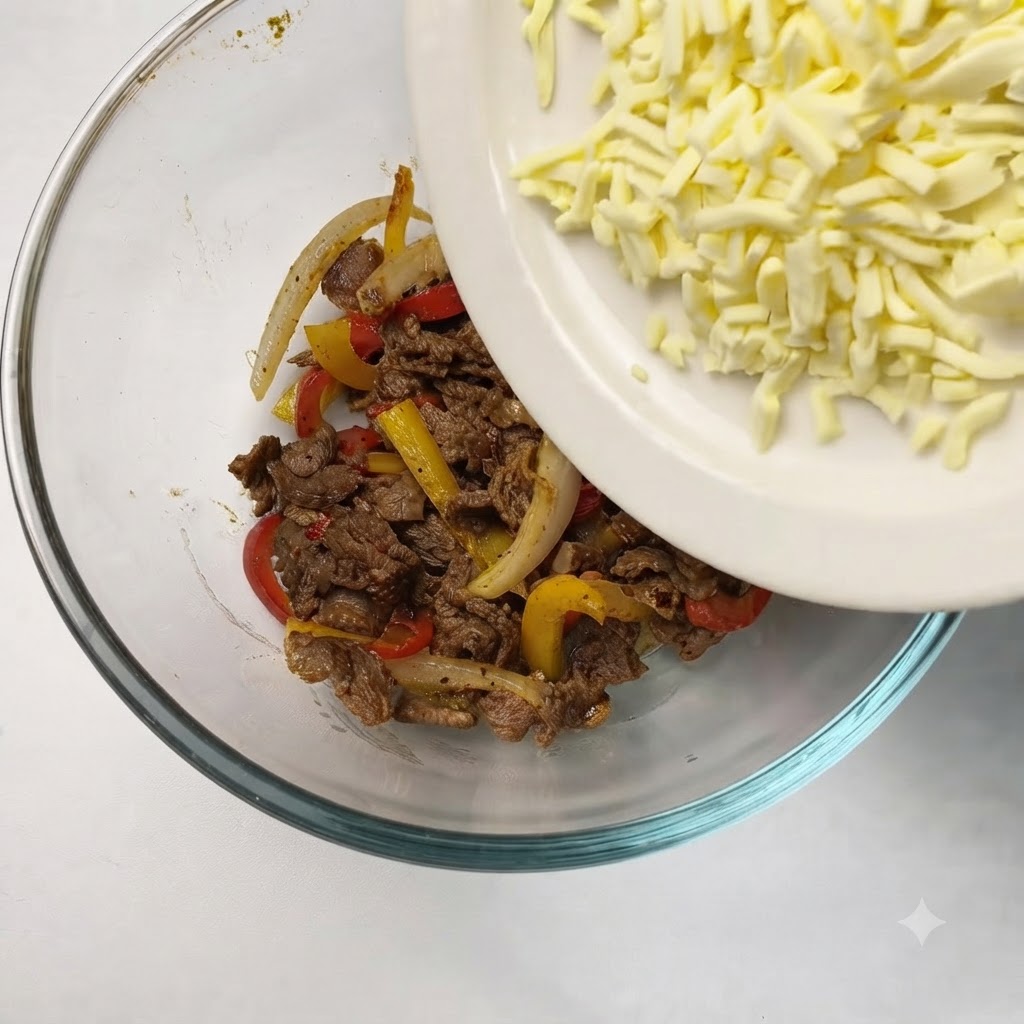 Fromage mozzarella râpé versé dune assiette blanche dans un bol en verre contenant du bœuf cuit et des légumes.