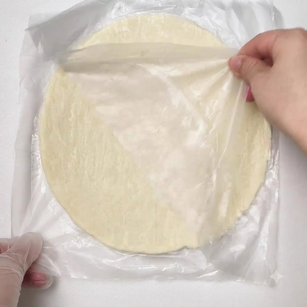 Pâte à galette ronde et plate décongelée placée à plat sur une feuille de film plastique avec des mains ajustant les bords.