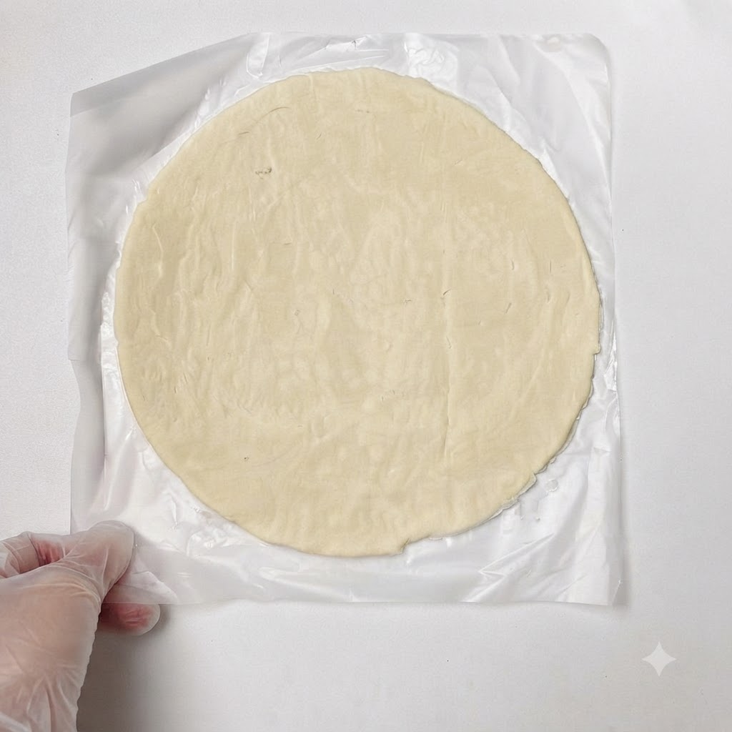 Une portion de garniture de bœuf cuit et de fromage placée au centre de la pâte ronde.