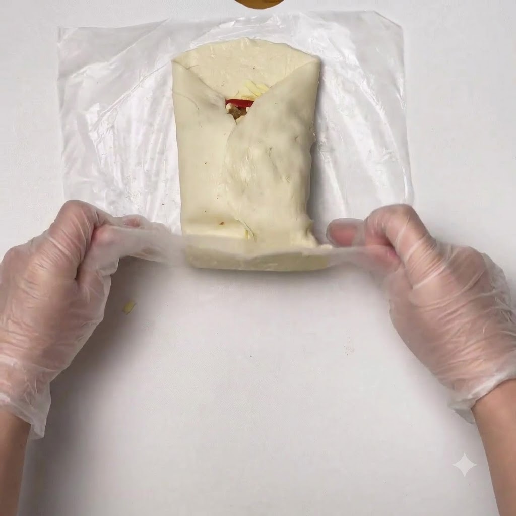 Mains utilisant un film plastique pour plier et envelopper les bords de la pâte autour de la garniture.