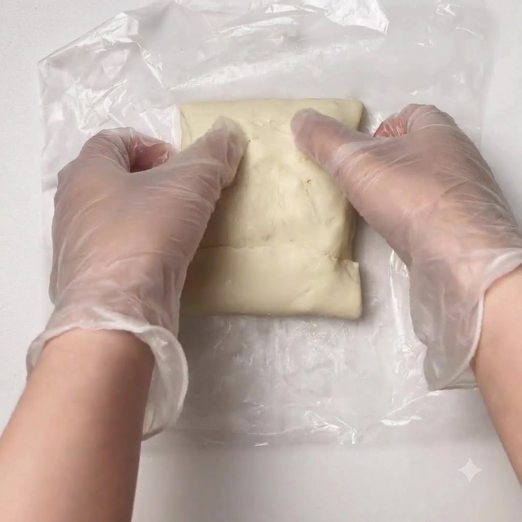 Le rouleau de pâte enveloppé à lintérieur du panier de la friteuse à air badigeonné de jaune dœuf et parsemé de graines de sésame.