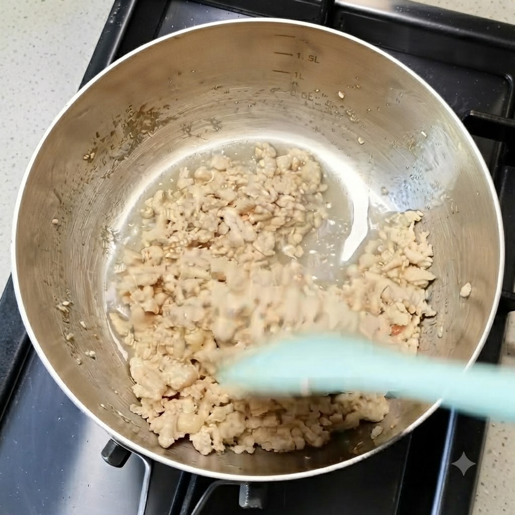 Du poulet haché cuit en train dêtre remué dans une poêle en métal avec une spatule verte.