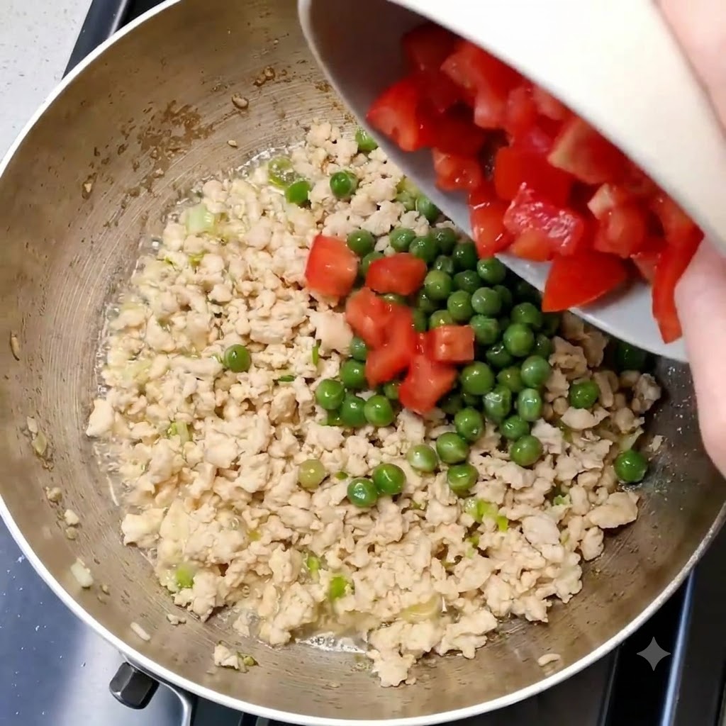 Des tomates en dés versées dune assiette dans la poêle contenant les ingrédients.