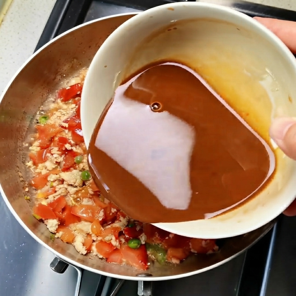De la sauce brune préparée versée dun bol blanc dans une poêle remplie de viande hachée cuite, de tomates et de petits pois.