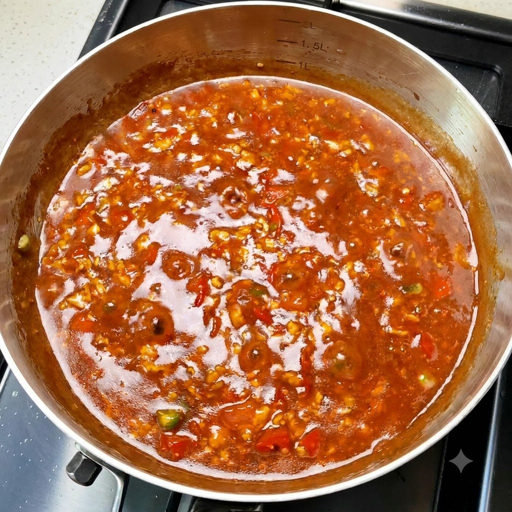 Une poêle remplie dune sauce riche et mijotée à la tomate et à la viande boubullant sur la cuisinière.