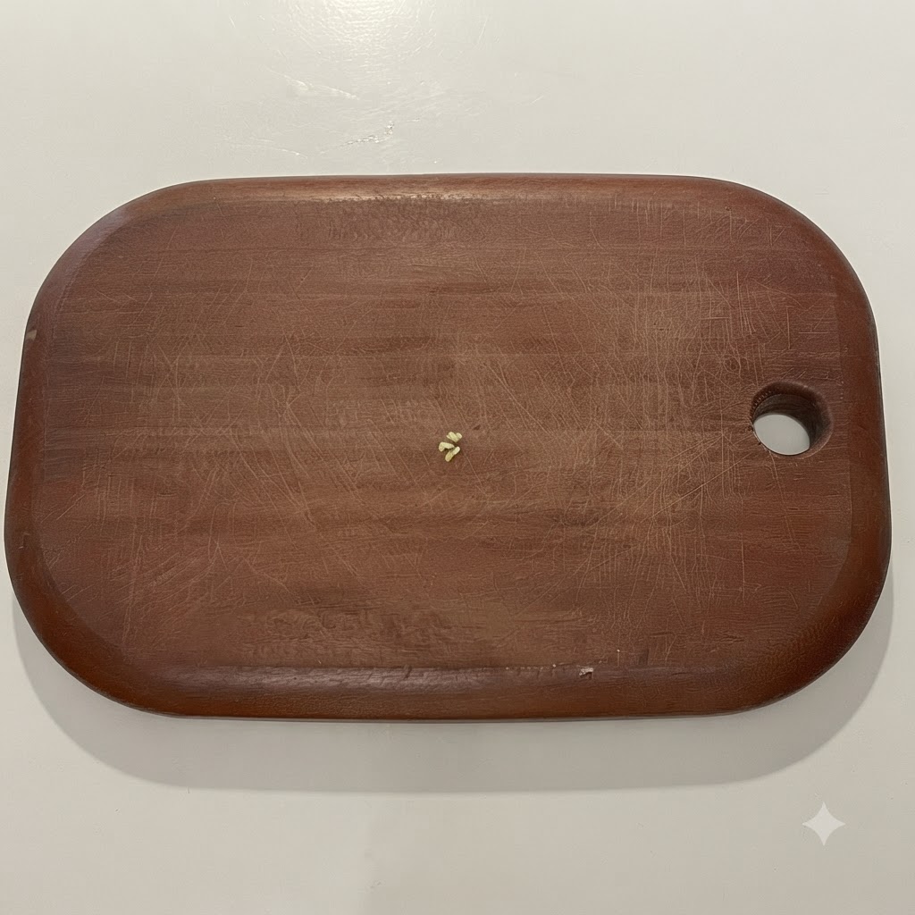 Gousses dail finement hachées sur une planche à découper en bois avec un couteau.