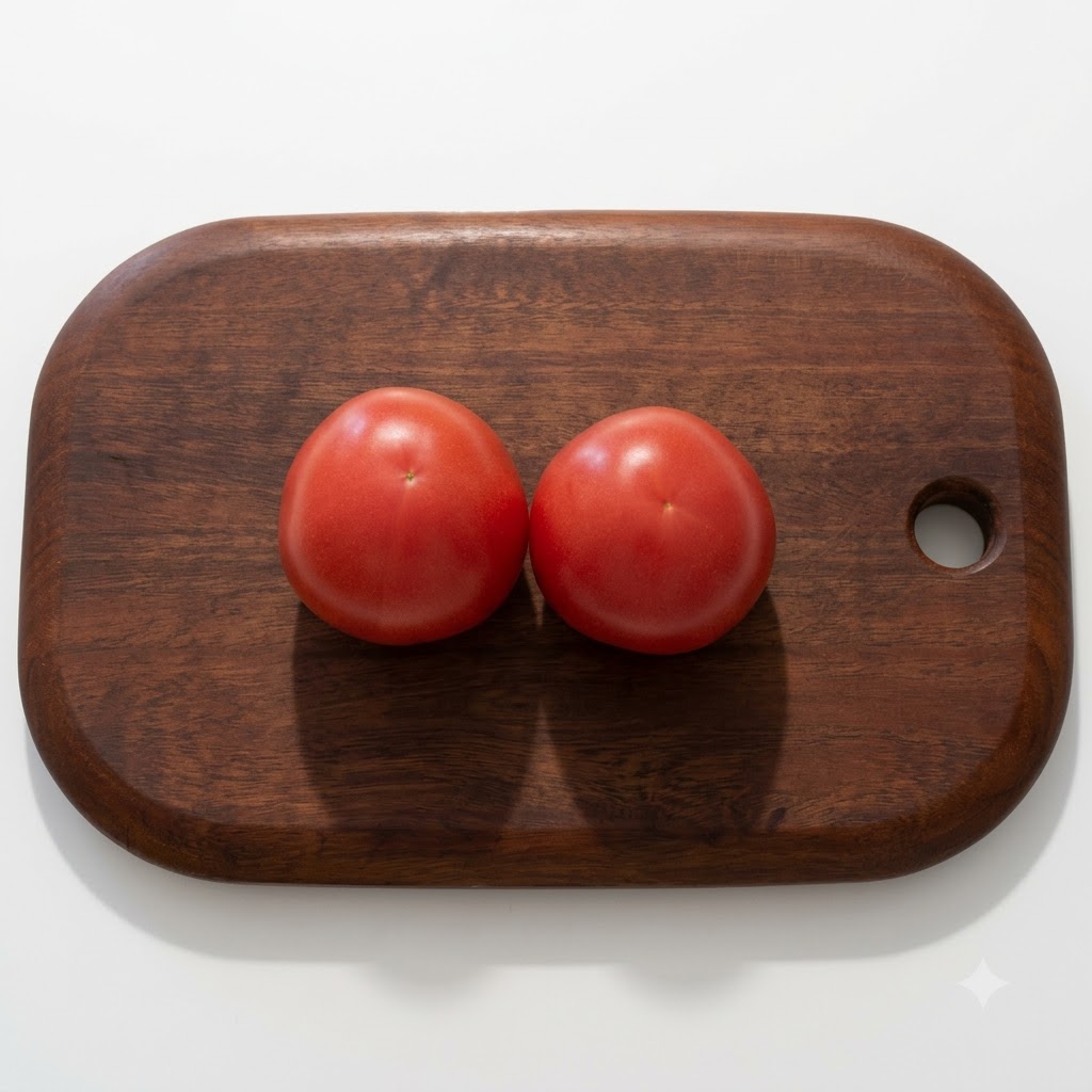 Tomates fraîches coupées en petits quartiers sur une planche à découper en bois.