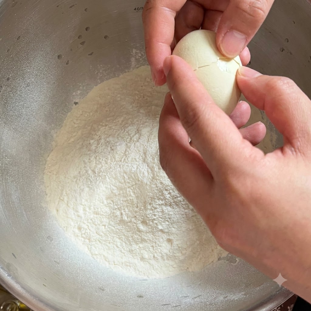 Des œufs cassés dans un grand bol en métal rempli de farine pour préparer la pâte à pâtes.