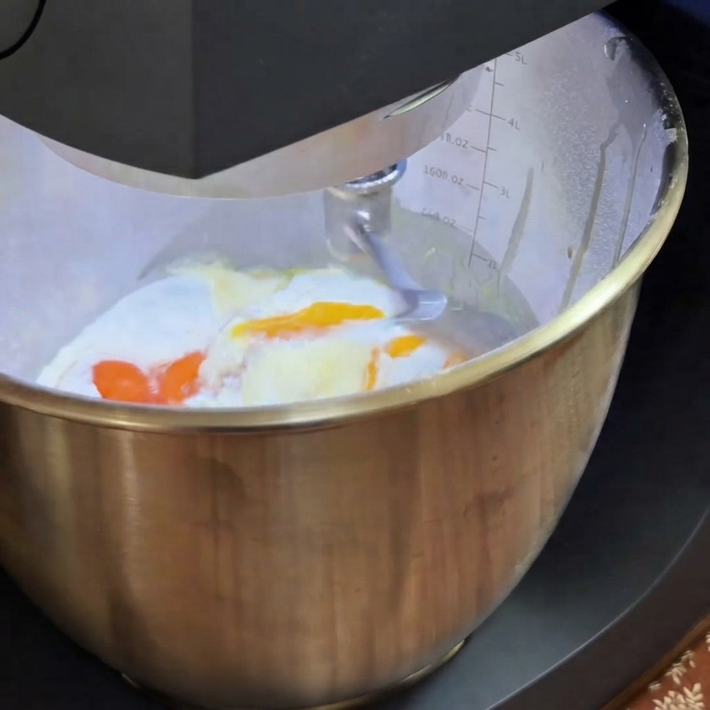 Un robot pâtissier pétrissant les ingrédients de la pâte à pâtes dans un bol en acier inoxydable.