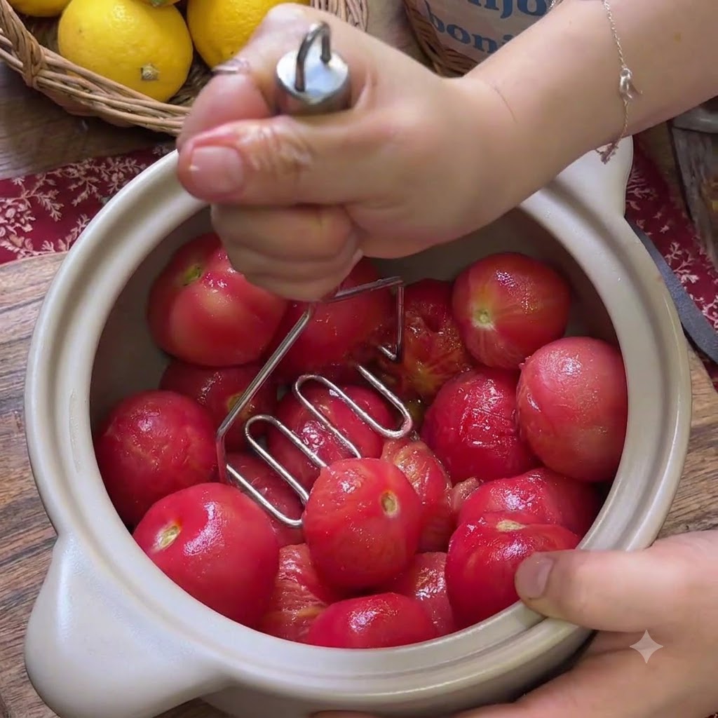 Des mains utilisant un écrase-purée en métal pour réduire en purée des tomates rouges rôties dans un pot en céramique.