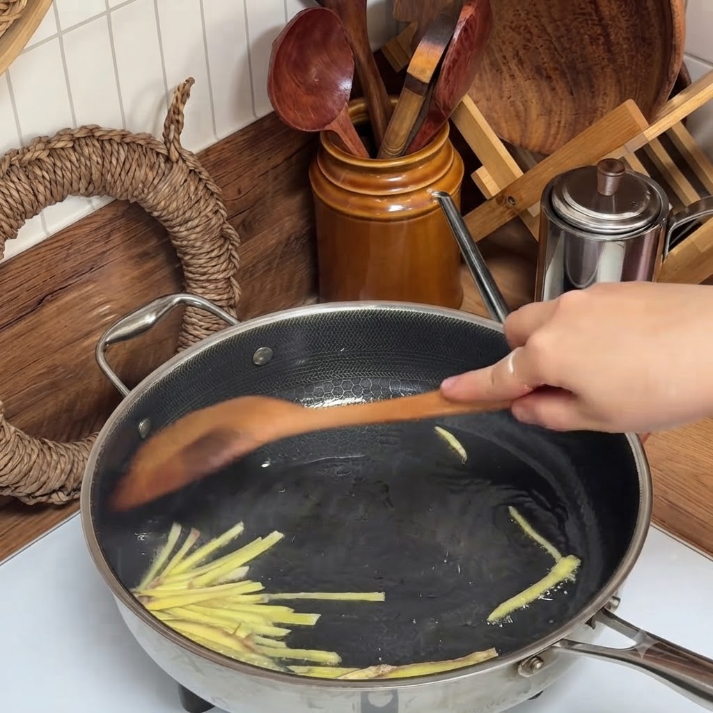 De la viande hachée et des tranches de gingembre en train de revenir dans une grande poêle en acier inoxydable avec une spatule en bois.