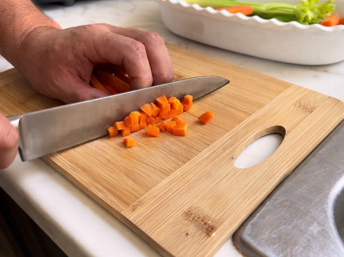 Des carottes coupées en petits cubes réguliers sur une planche à découper en bois.