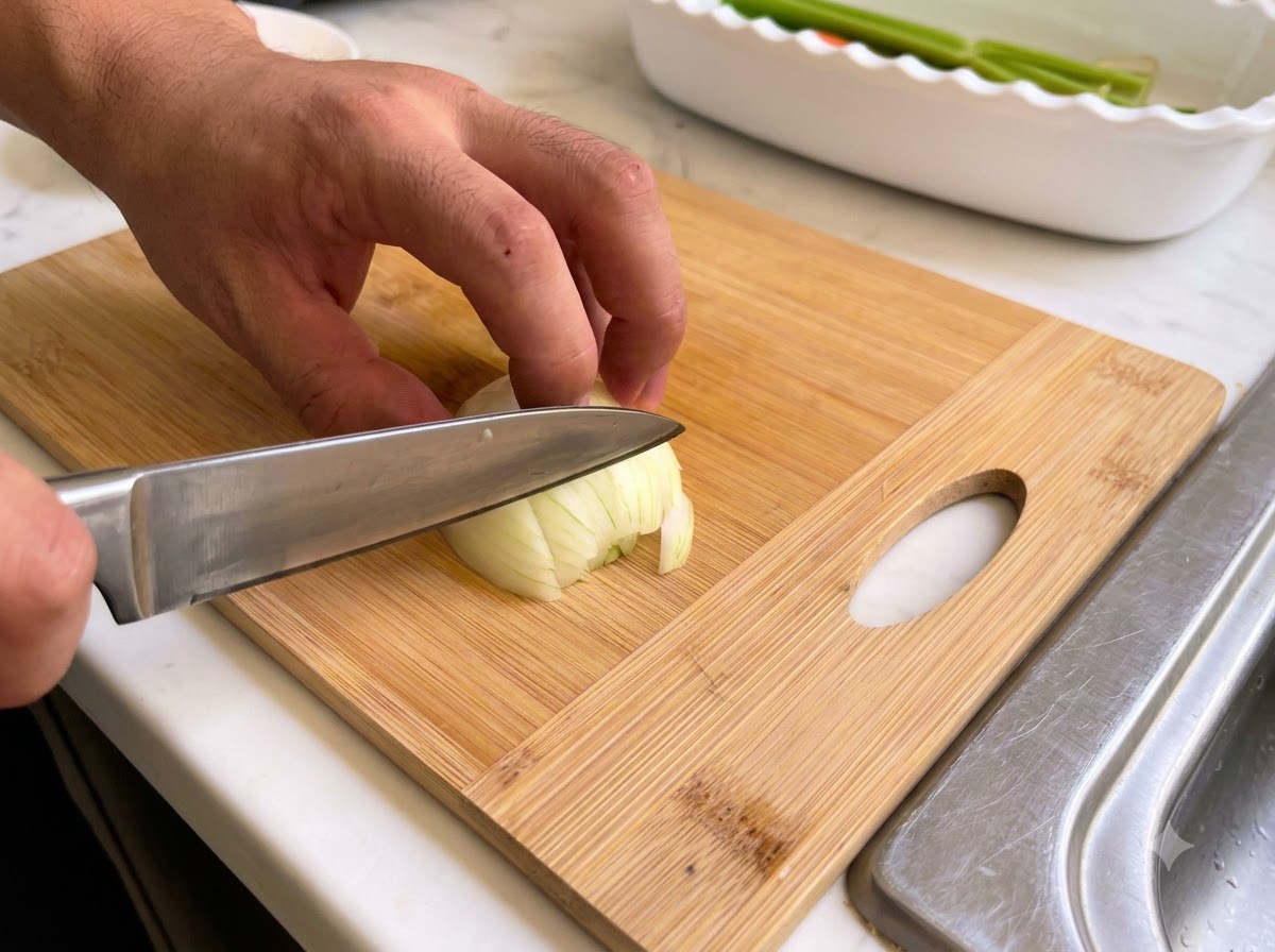 Un oignon coupé et émincé avec précaution sur une surface de découpe en bois avec un couteau de cuisine.