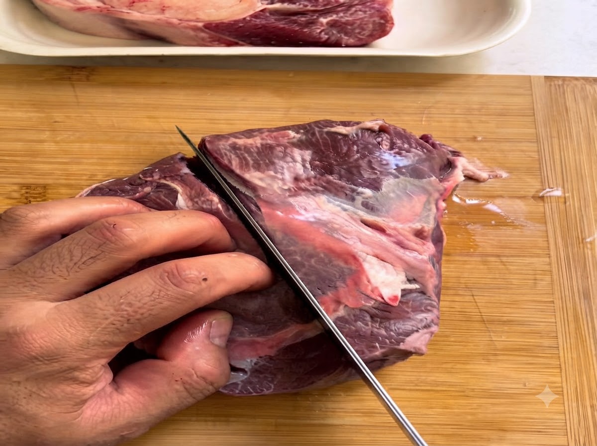 Un grand morceau de joue de bœuf crue en cours de découpe avec un couteau sur une planche en bois.