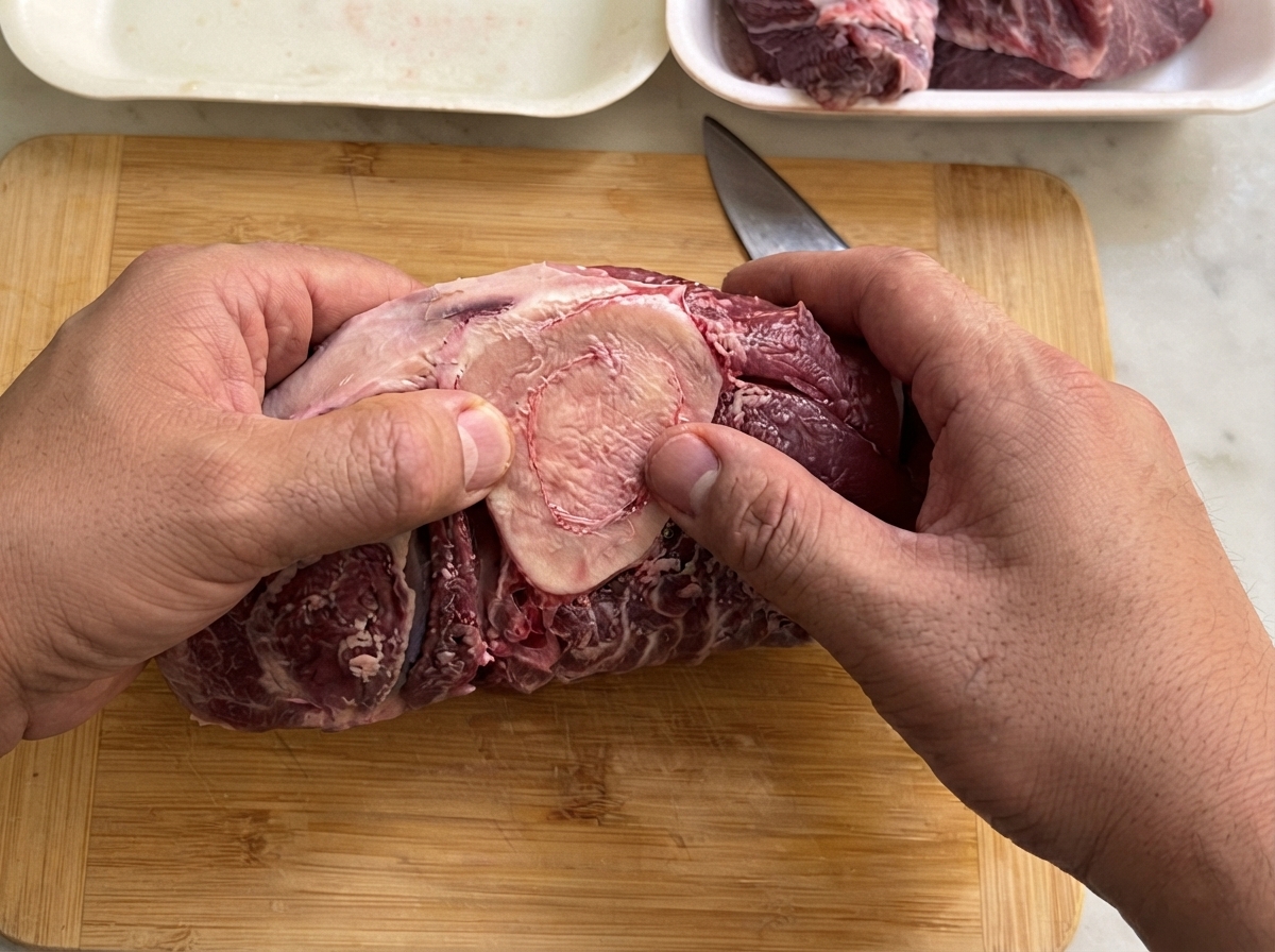 Une coupe épaisse de plat de côtes de bœuf avec un anneau de moelle osseuse au centre sur une planche en bois.